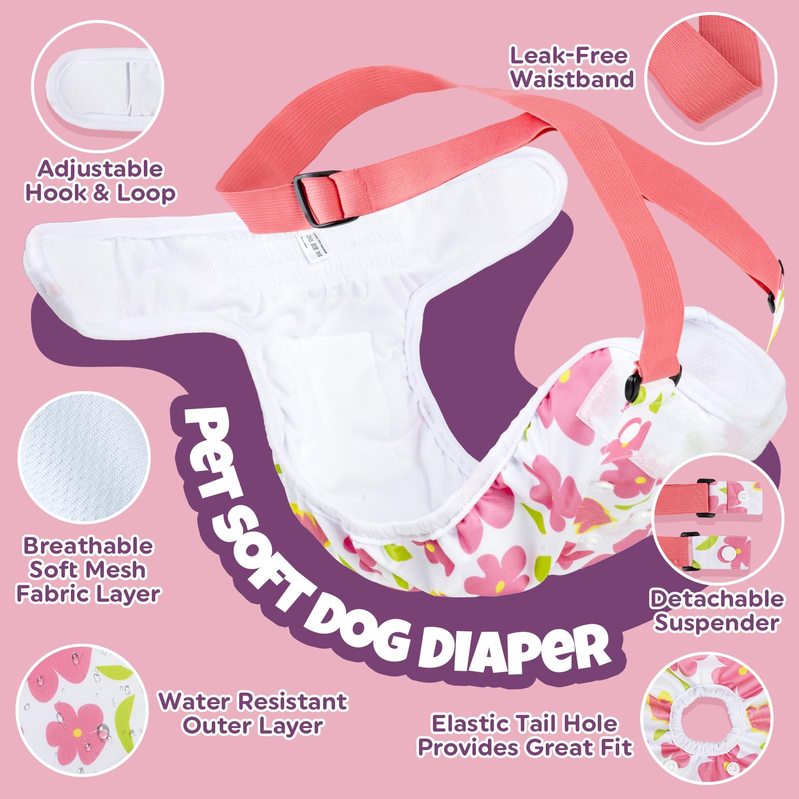 Pet Soft dog diapers with suspenders adjustable straps for reliable stay-in-place wear.