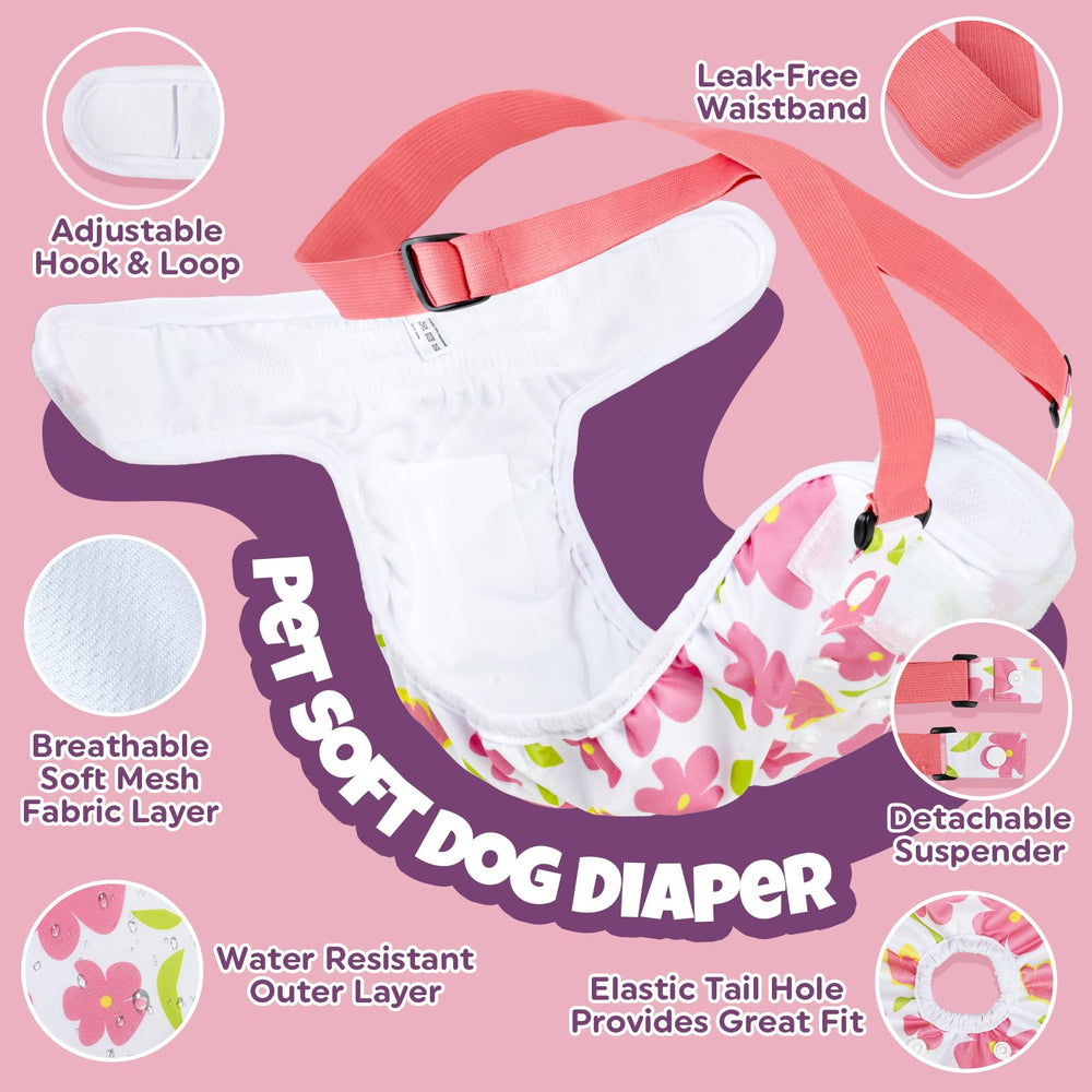 Pet Soft dog diapers with suspenders adjustable straps for reliable stay-in-place wear.