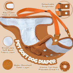 Pet Soft dog diapers suspenders on a dog demonstrate adjustable fit and secure hold