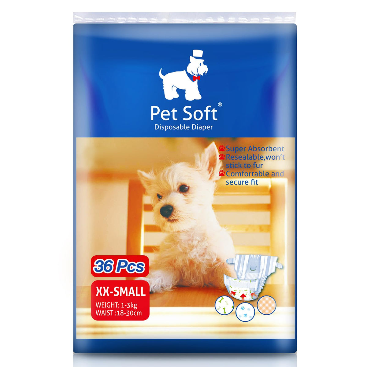Pet Soft XXSmall dog diapers pack front view for compact sizing and travel readiness