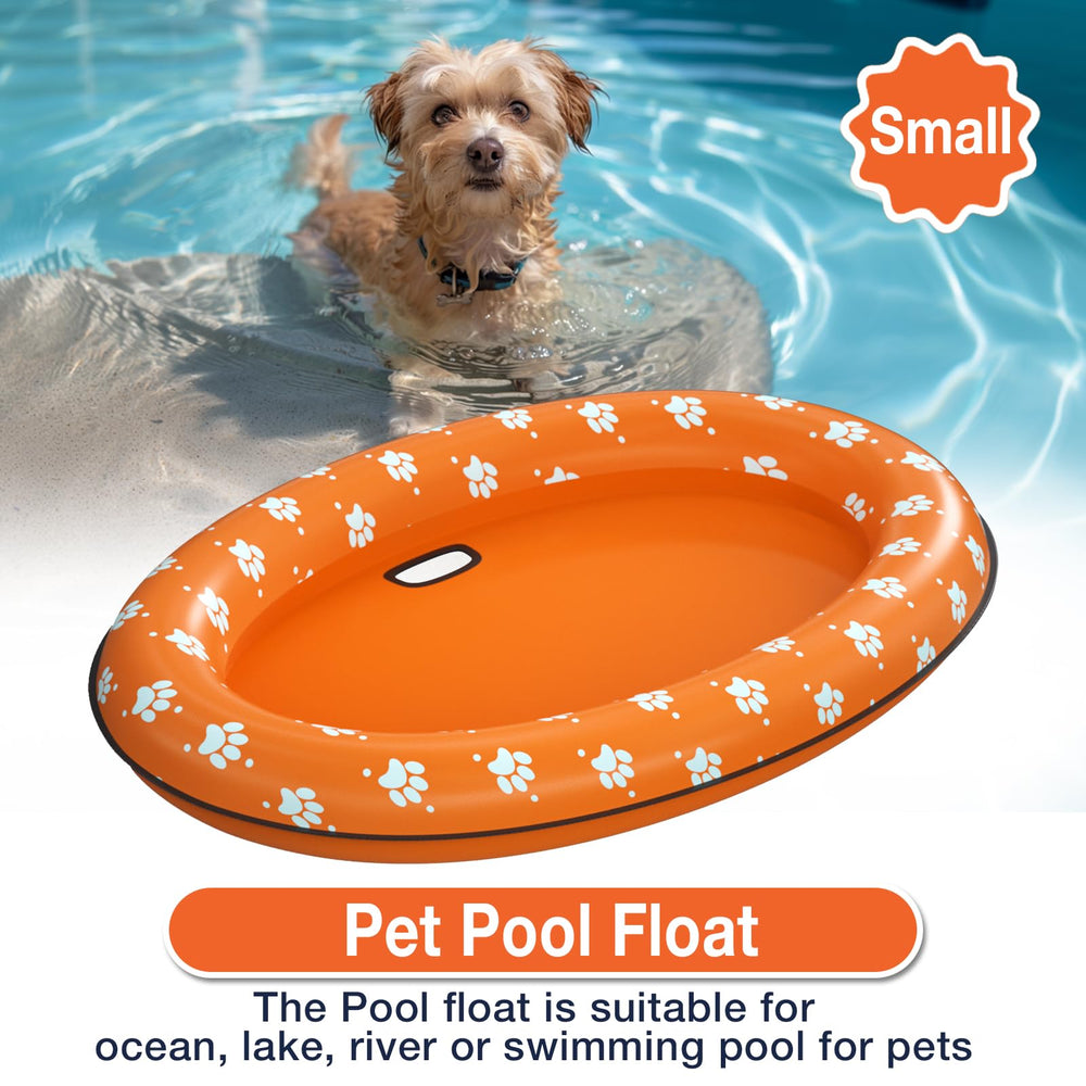 Pet Soft Dog Float Raft side view shows orange color and portability.