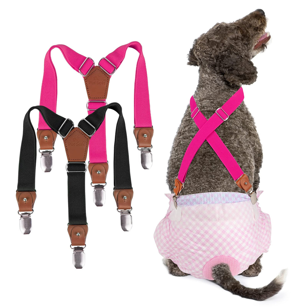 Pet Soft dog suspenders two-pack black and pink for secure diaper keeping.
