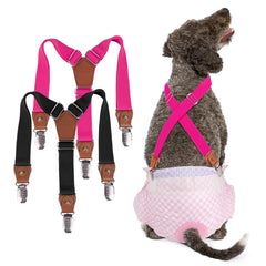 Pet Soft dog suspenders two-pack black and pink for secure diaper keeping.