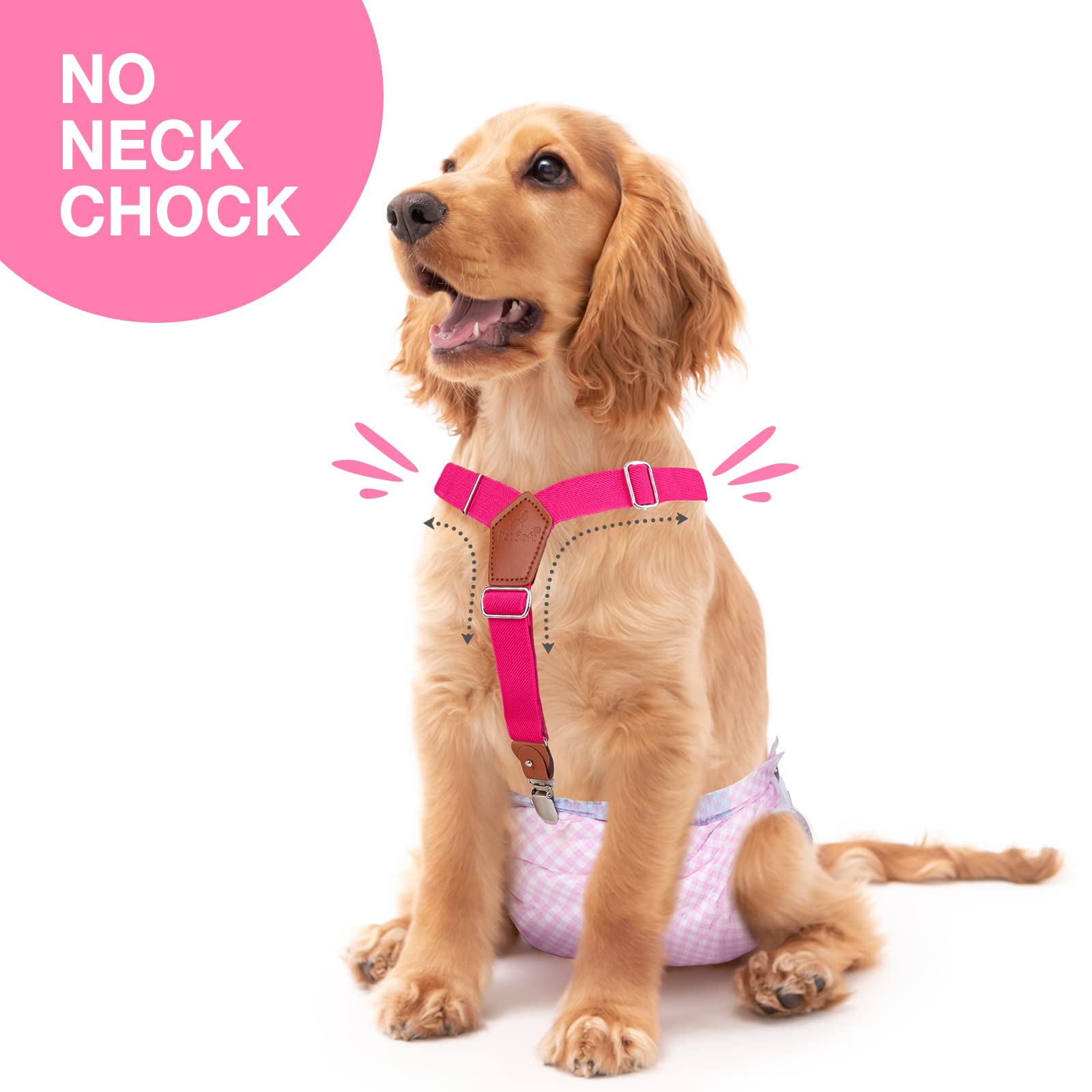 Pet Soft dog suspenders black and pink design enhances cute outfits while keeping diapers in place.
