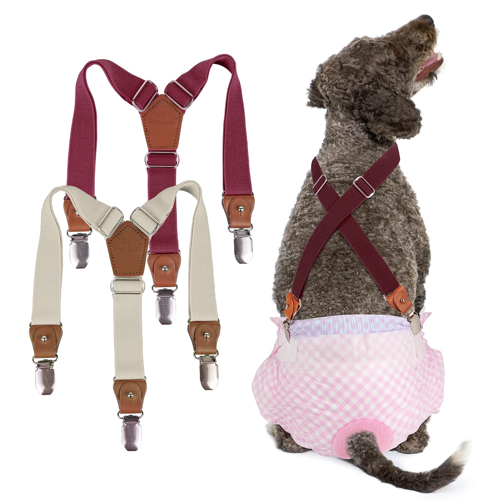 Pet Soft suspenders pack with secure clips helps prevent diaper slips.