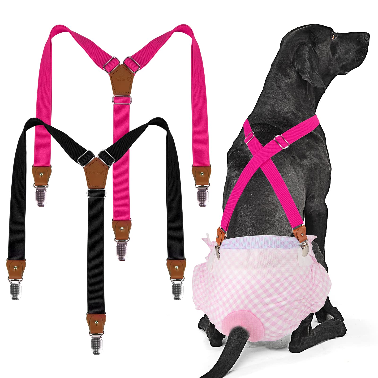 Pet Soft dog suspenders package in black and pink featuring secure diaper-keeper design for all-day diaper security.