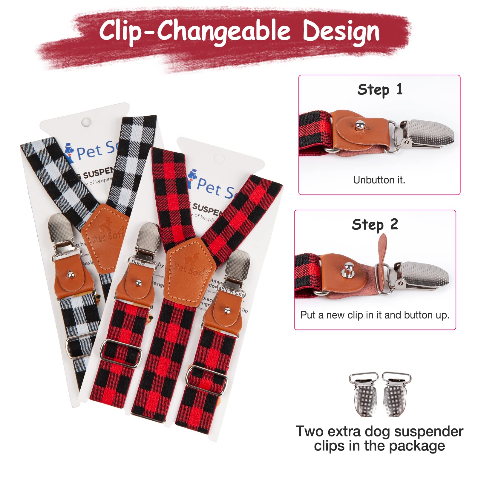 Pet Soft dog wearing suspenders demonstrates diaper guard and mess reduction in real life