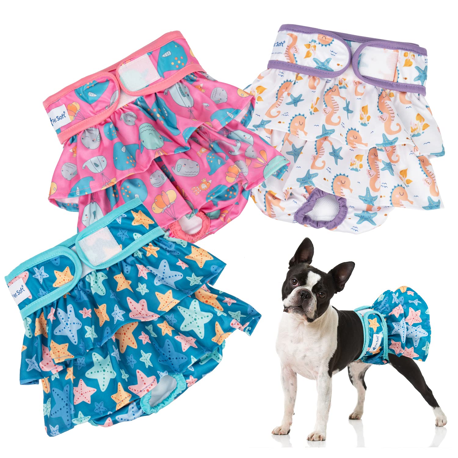 Pet Soft Ocean pack shows the dress-style diaper for comfortable wear.