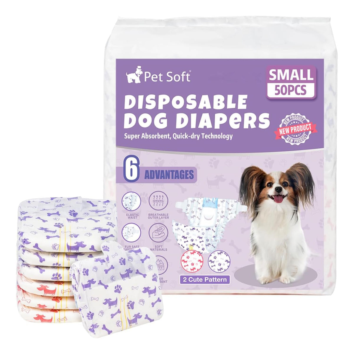 Pet Soft female dog diapers pack front view for quick sizing and selection.