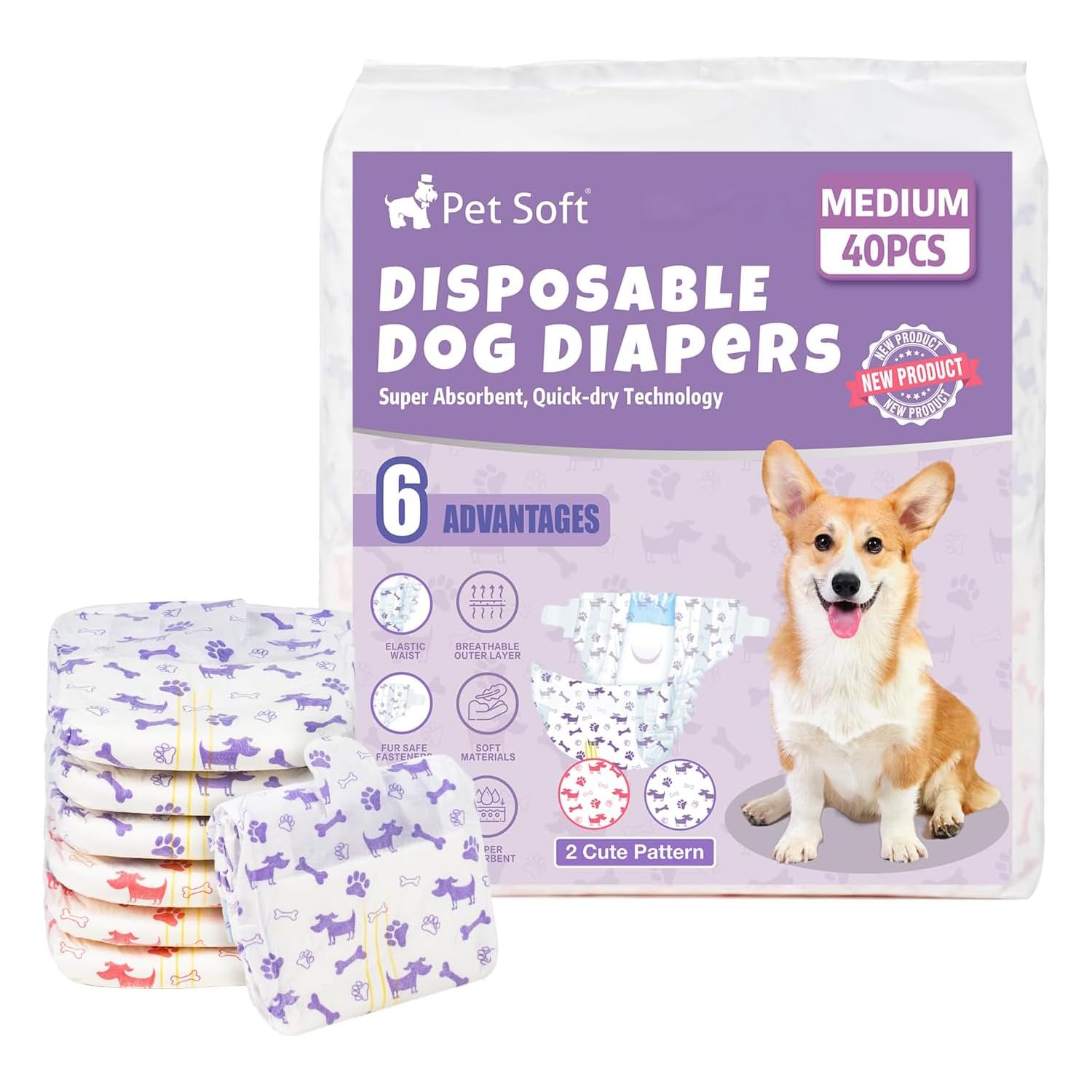 Pet Soft female dog diapers packaging shows ready-to-use protection for home and travel.