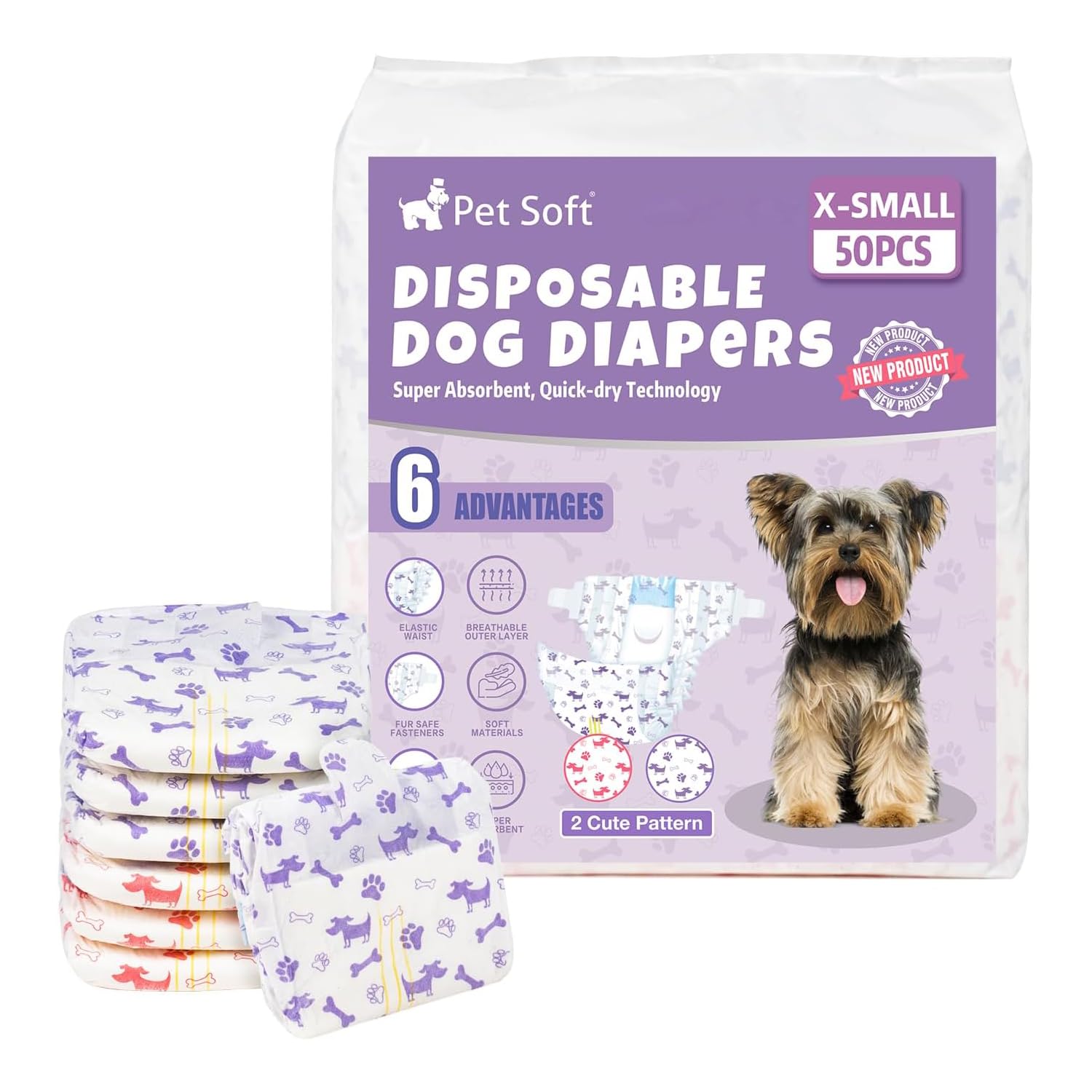 Pet Soft female dog diapers XS pack with mixed patterns for convenience