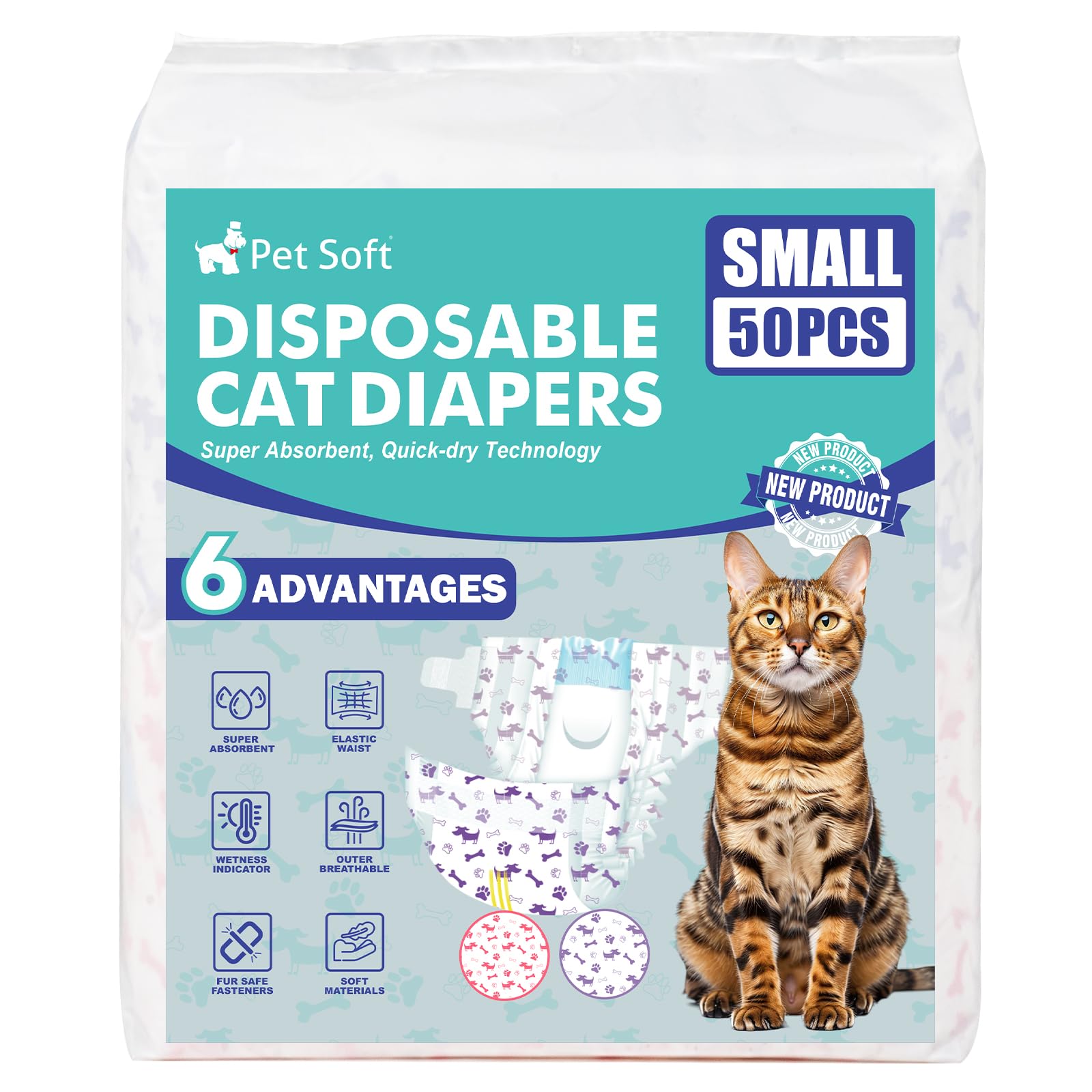 Pet Soft tail-hole cat diapers designed for secure, comfortable fit.
