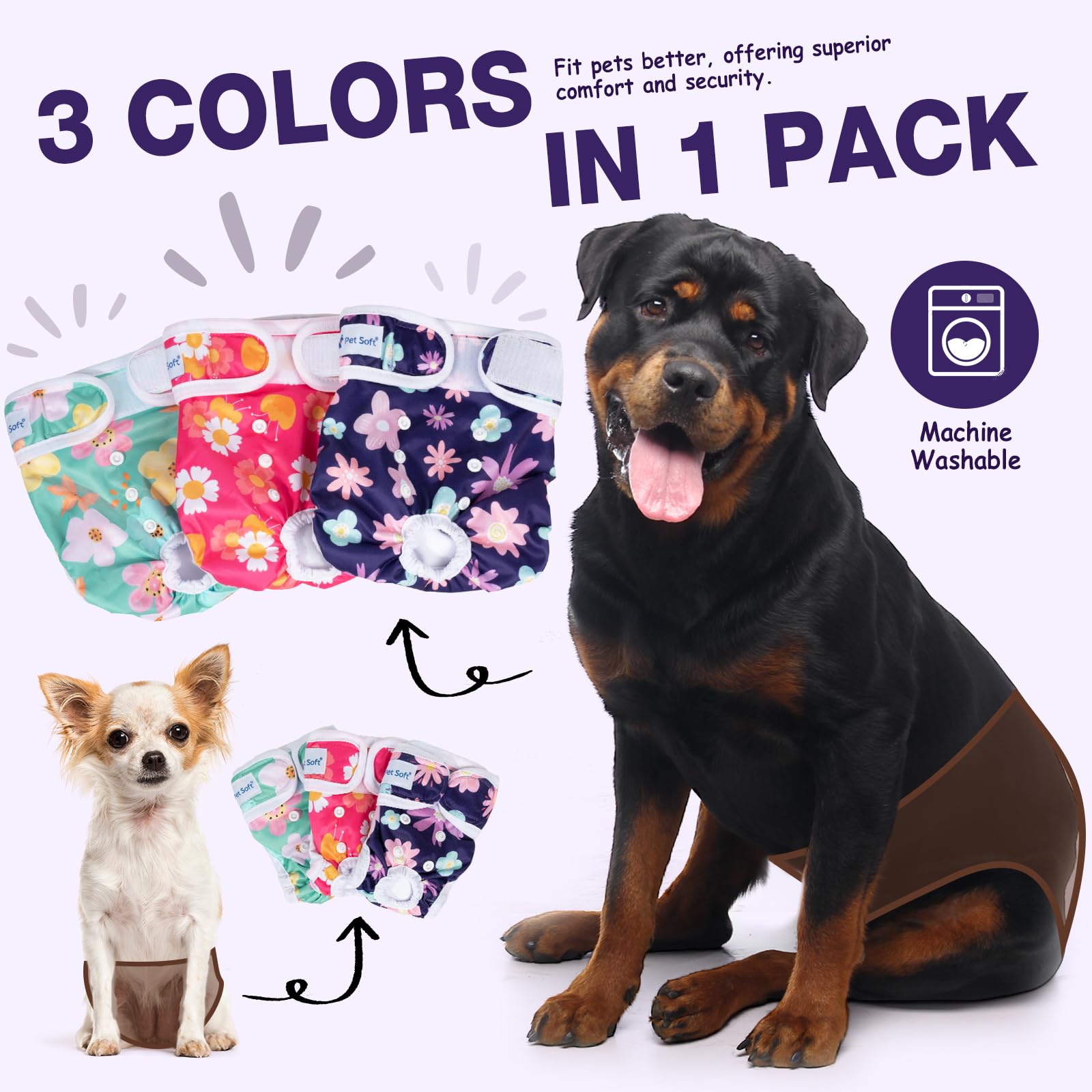 Pet Soft Washable Female Diapers bloom-pattern-closeup highlights cute design with reliable leak protection.