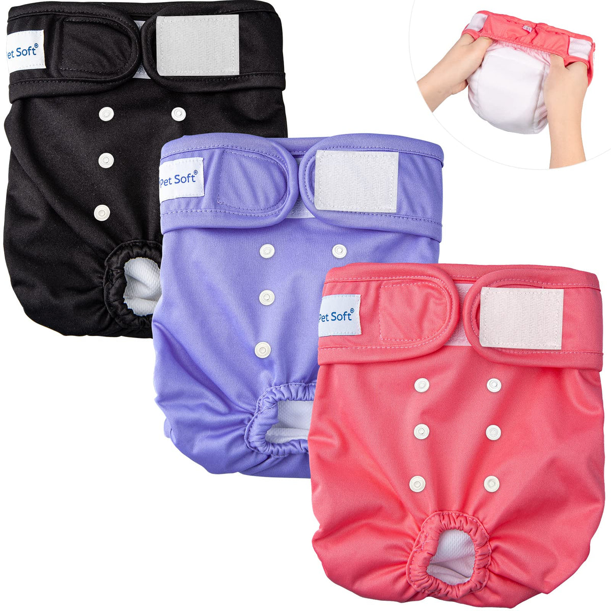Pet Soft Washable Female Diapers XL outer view demonstrating secure, comfortable fit for large dogs