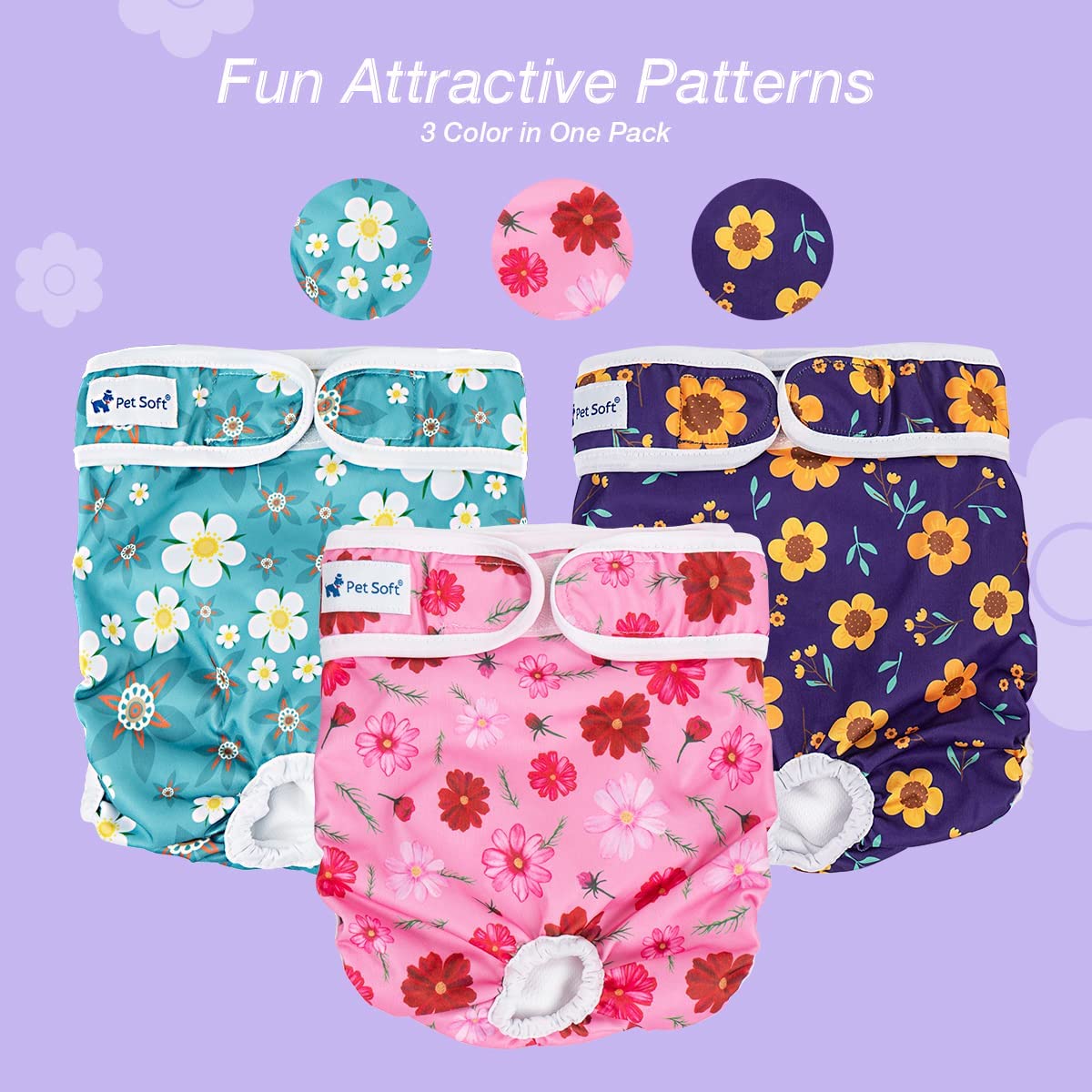 Pet Soft quick-absorb inner pad indicates leak protection and comfort