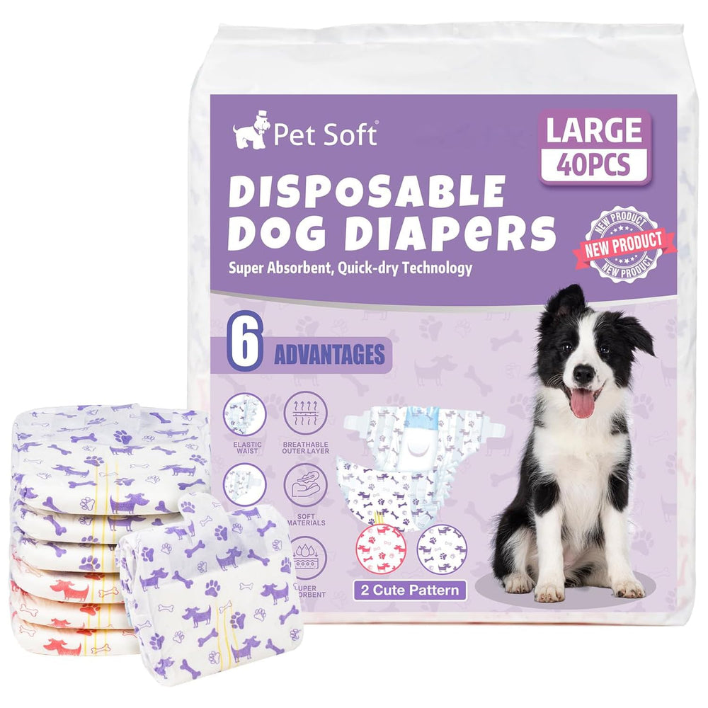 Pet Soft wetness-indicator diapers on packfront signal when to change