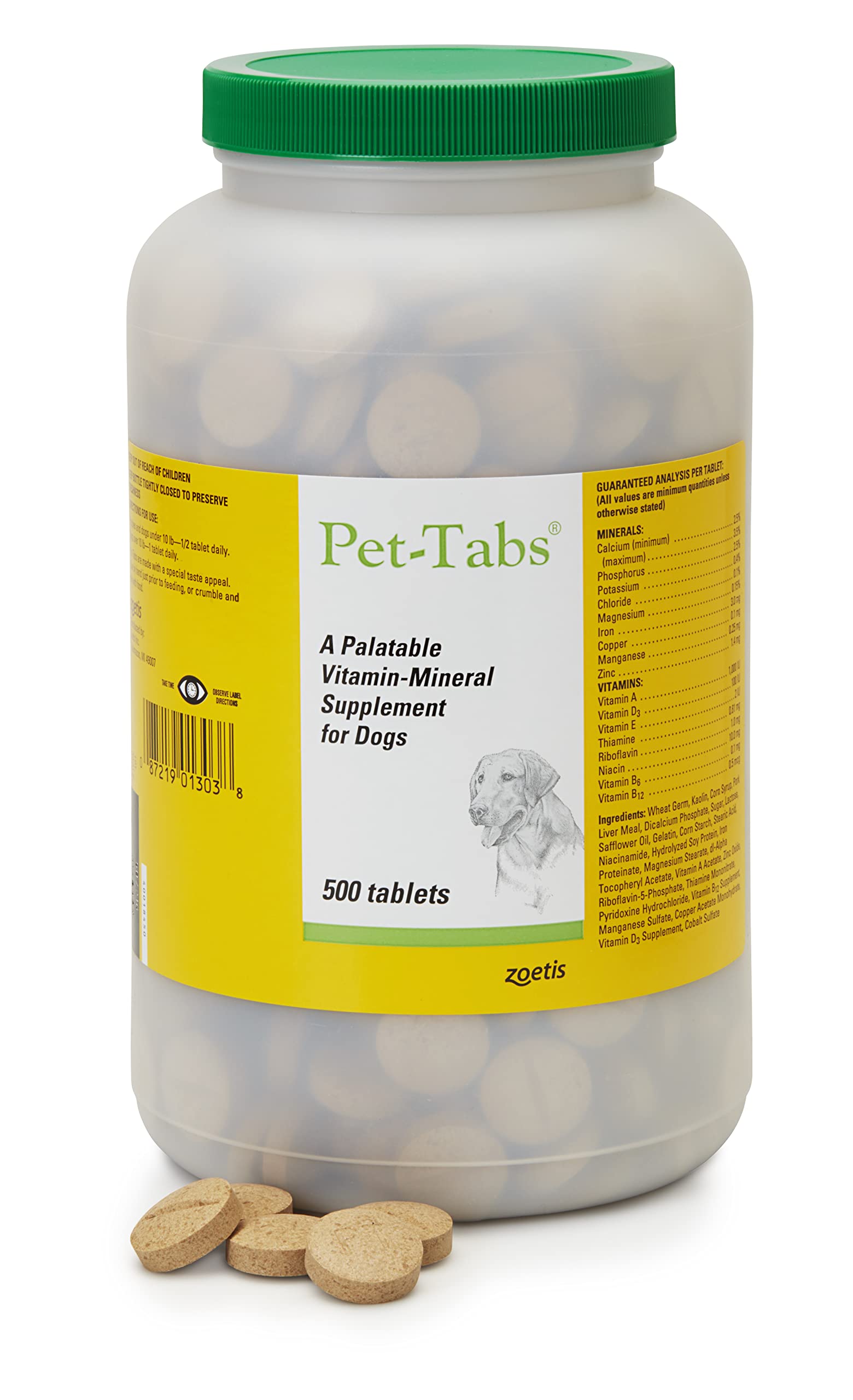 Pet-Tabs multivitamin bottle front shows daily wellness for dogs.