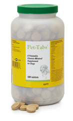 Pet-Tabs multivitamin bottle front shows daily wellness for dogs.