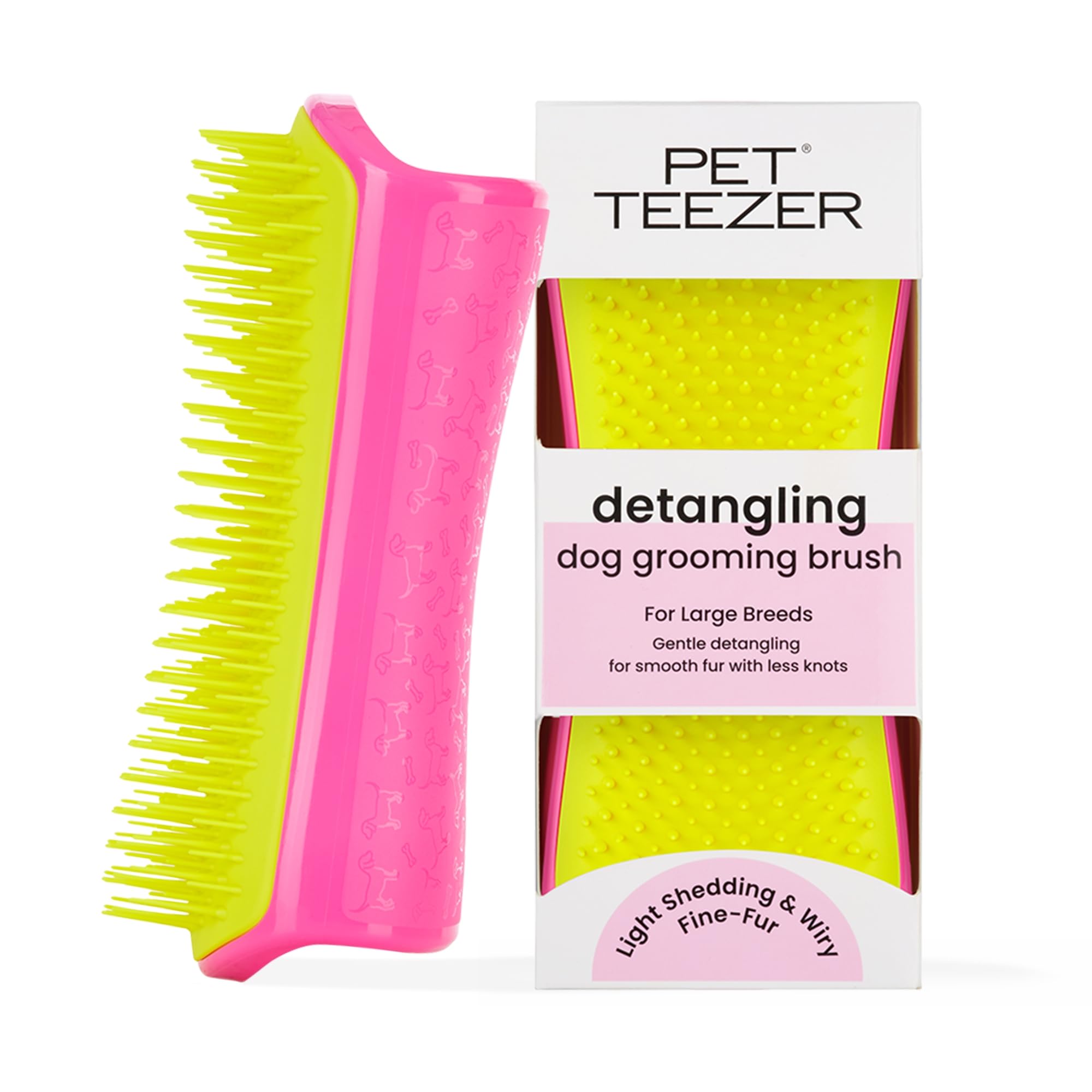 Pet Teezer detangling brush teeth closeup demonstrates gentle two-tier detangling for undercoat.