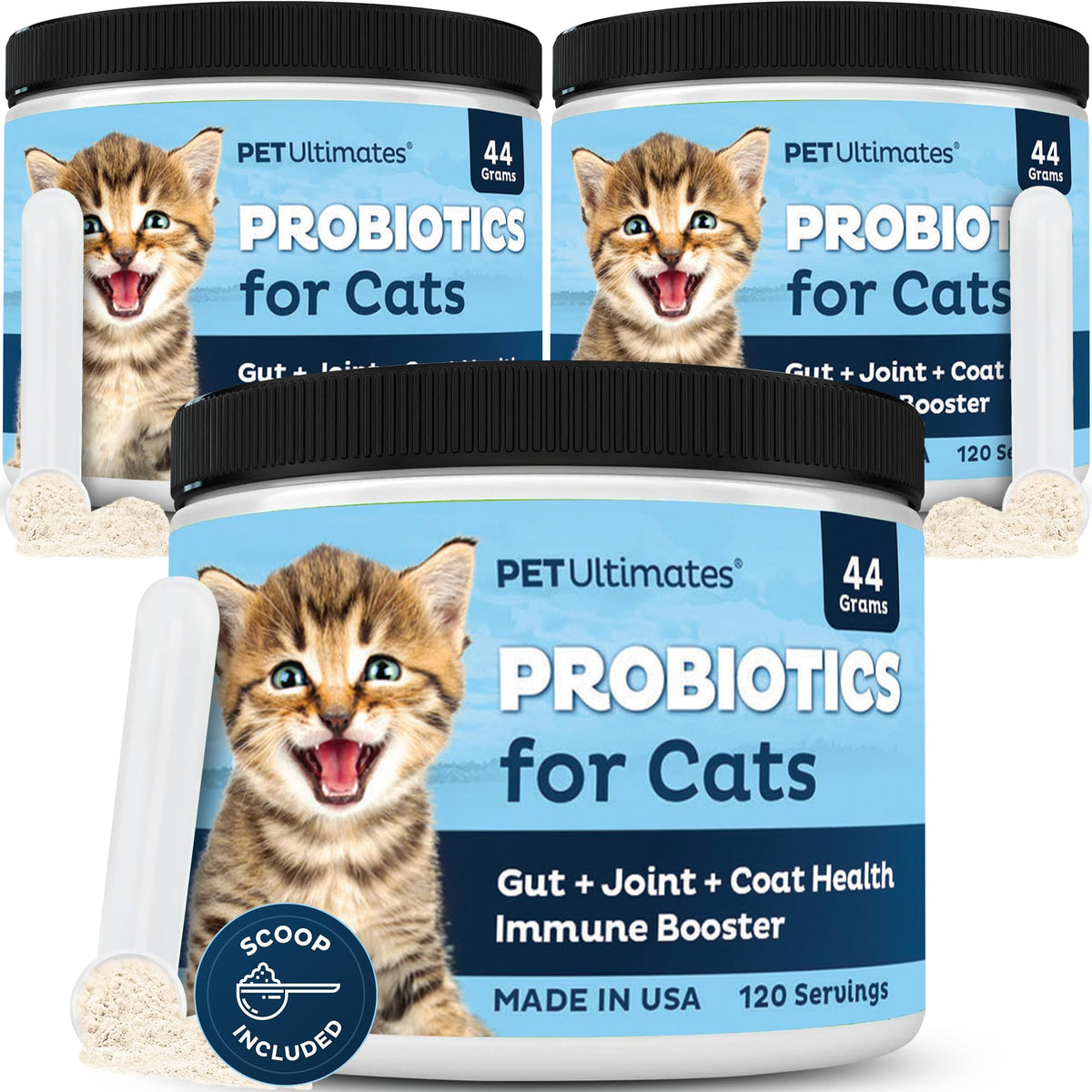 Pet Ultimates Probiotics for Cats bottle-dispense with tasteless powder for easy meal topping.
