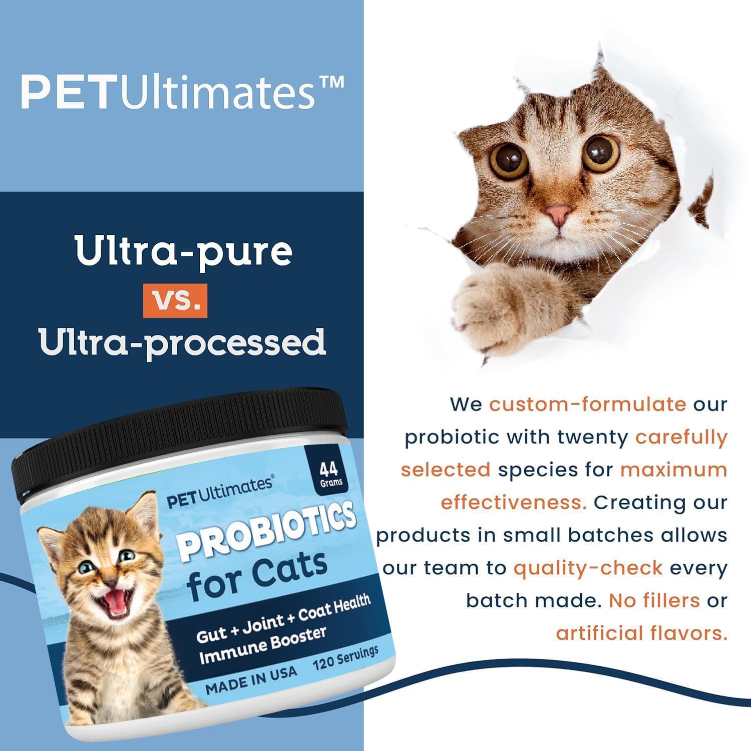 Pet Ultimates Probiotics Digestive Health Bottle signals broad support for cat digestion.