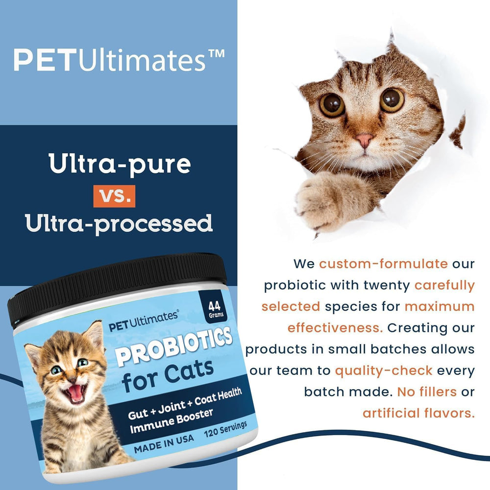 Pet Ultimates Probiotics Digestive Health Bottle signals broad support for cat digestion.