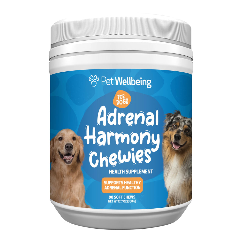 Pet Wellbeing Adrenal Harmony Chewies bottle in view highlighting vet-formulated adrenal support for dogs.