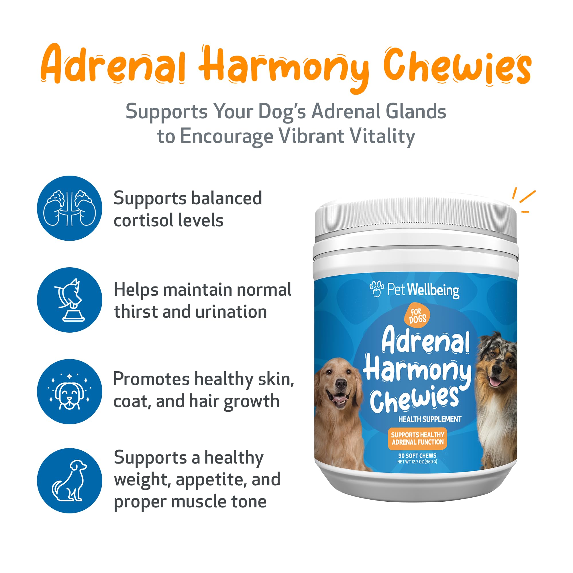 Pet Wellbeing Adrenal Harmony Chewies dog-serving image shows palatable chews for daily balance.