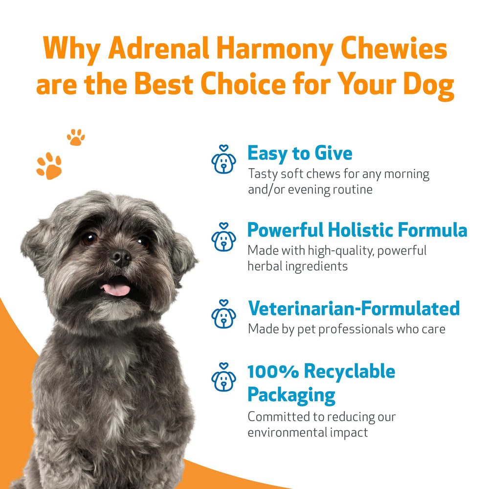Pet Wellbeing Adrenal Harmony Chewies USA-made label close-up emphasizes domestically produced dog supplement.