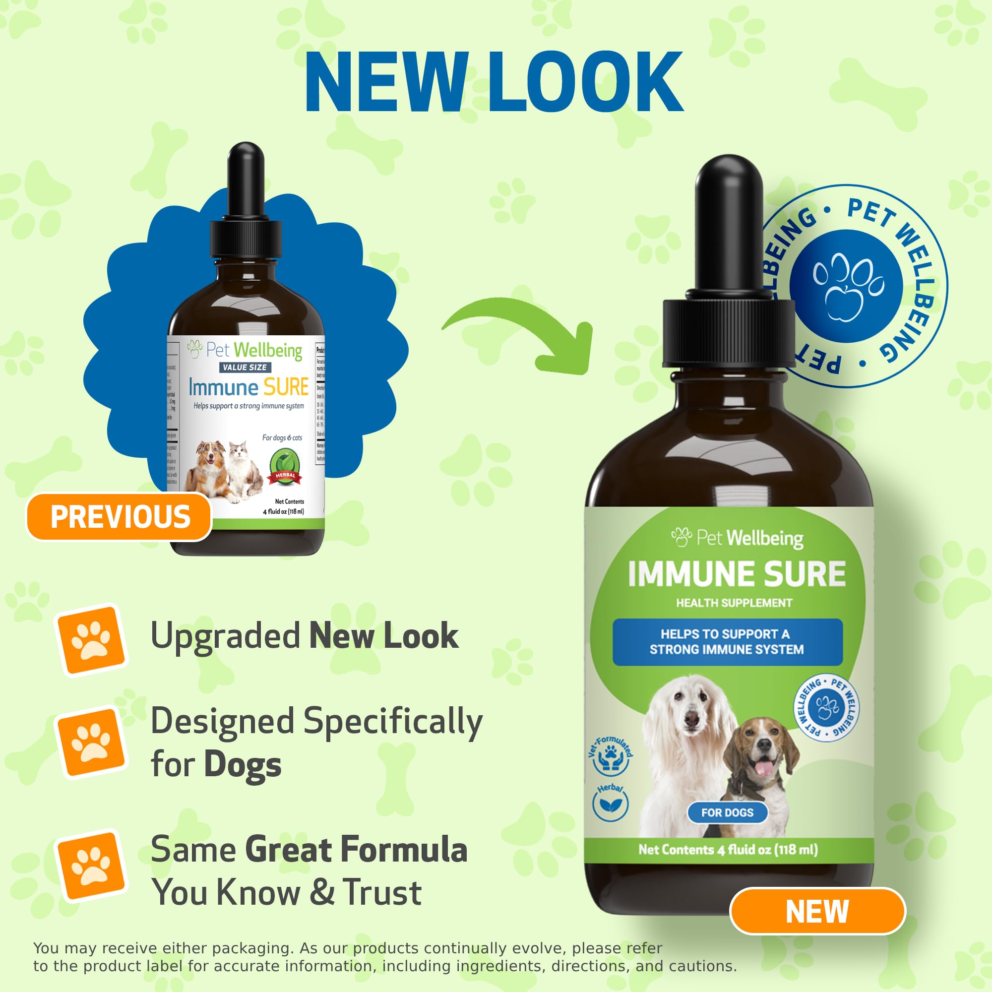 Pet Wellbeing Immune Sure bottle back label lists ingredients and usage.