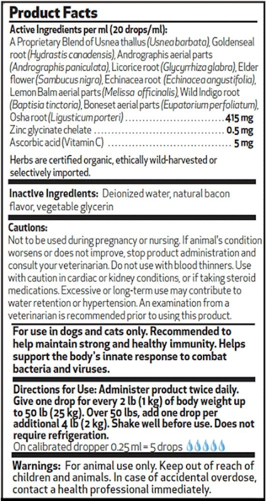 Pet Wellbeing Immune Sure ingredients panel showcases Andrographis, Echinacea, Vitamin C and Zinc benefits.