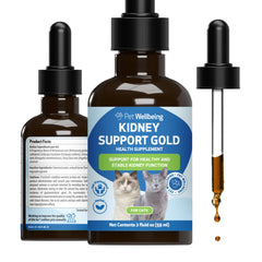 Pet Wellbeing Kidney Support Gold bottle close-up supports kidney function.