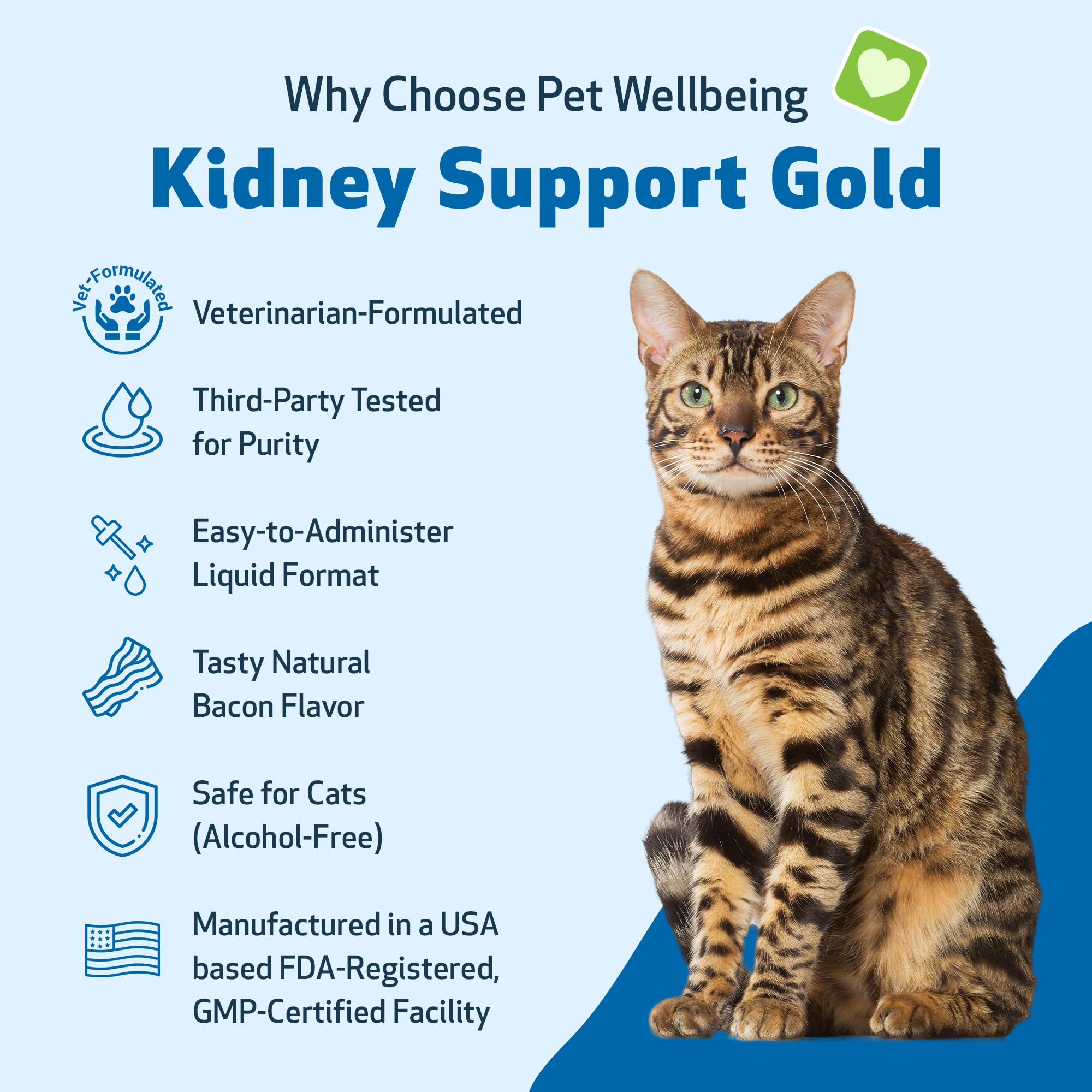 Pet Wellbeing Kidney Support Gold liquid drops illustrating easy dosing for cats.