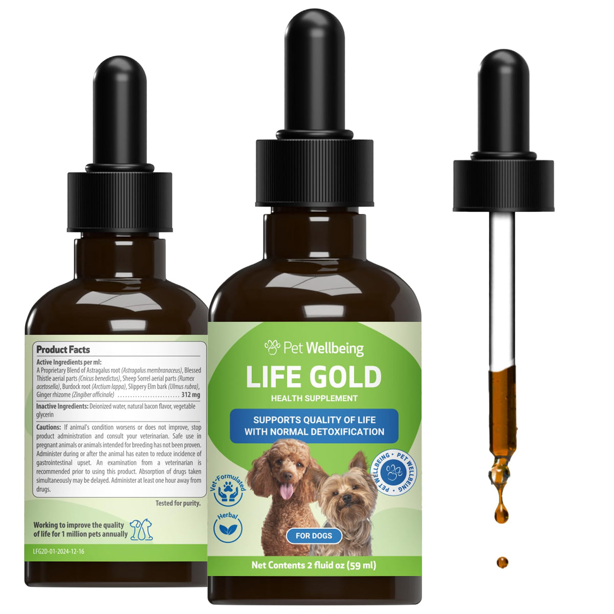 Pet Wellbeing Life Gold for Dogs bottle front showing vet-formulated immune support in a natural supplement.