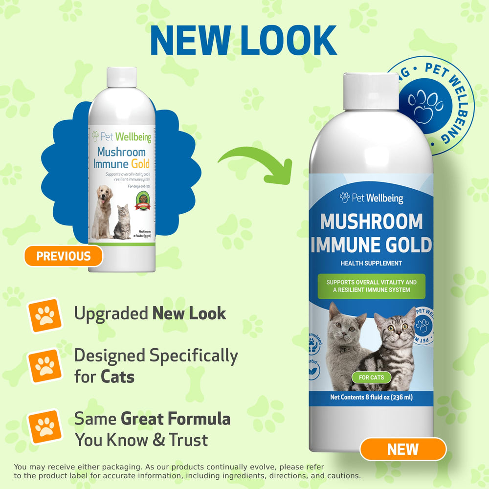 Pet Wellbeing liquid formula pouring drops showcases easy dosing for cats.
