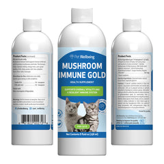 Pet Wellbeing Mushroom Immune Gold bottle closeup highlighting immune-support potential.
