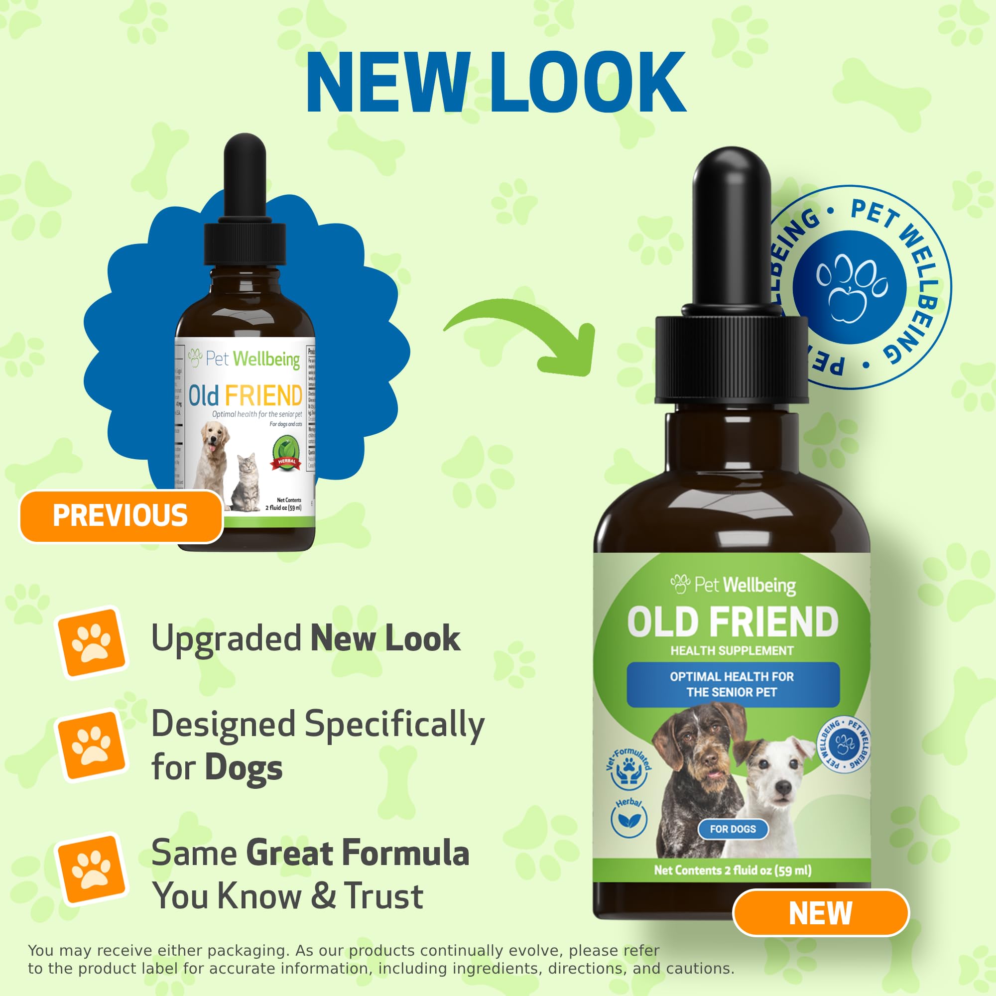 Pet Wellbeing Old Friend bottle pour demonstrates easy dosing for immune and joint support.