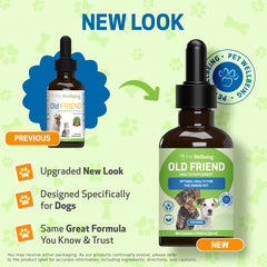Pet Wellbeing Old Friend bottle pour demonstrates easy dosing for immune and joint support.