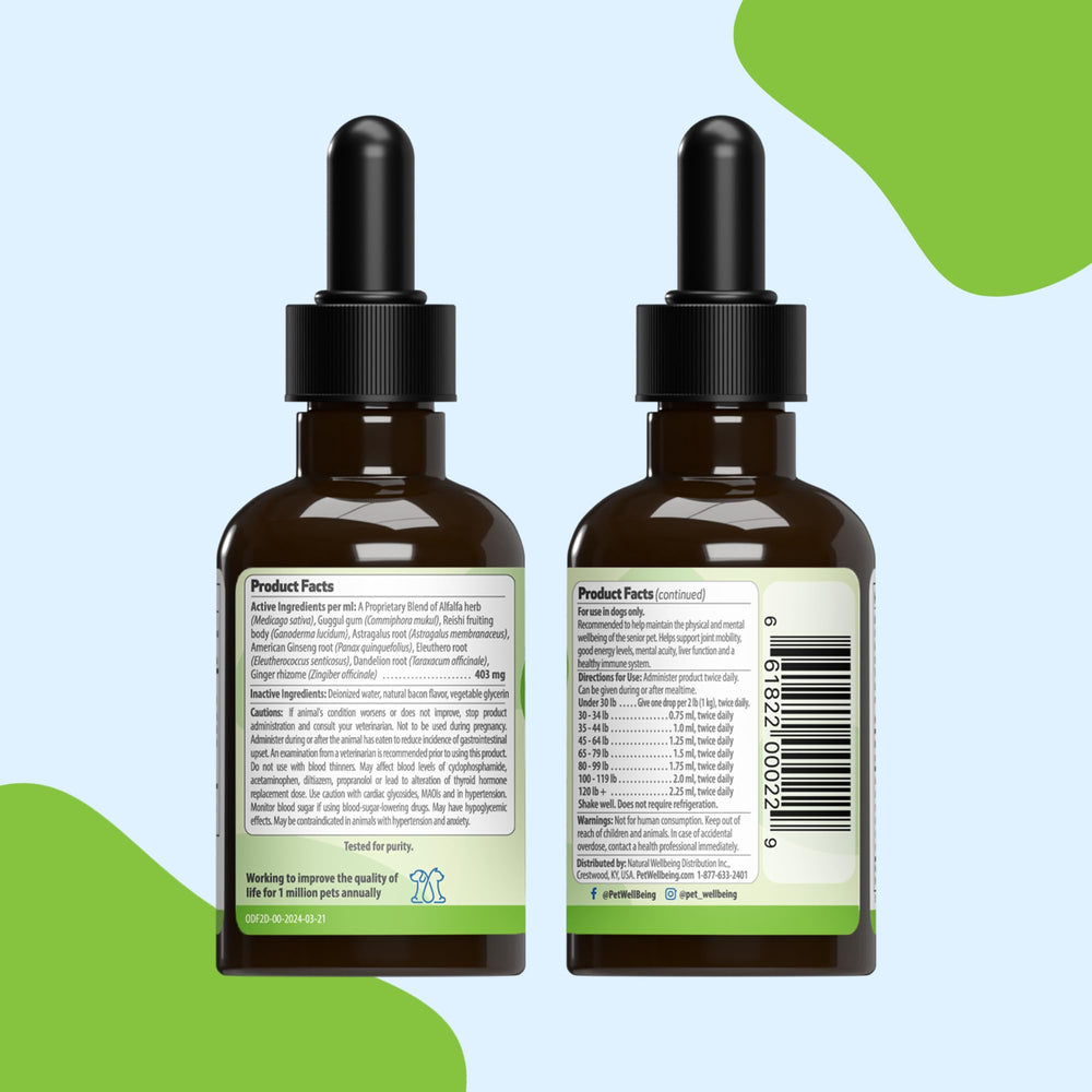 Pet Wellbeing Old Friend joint support bottle on counter; convenient daily supplement.