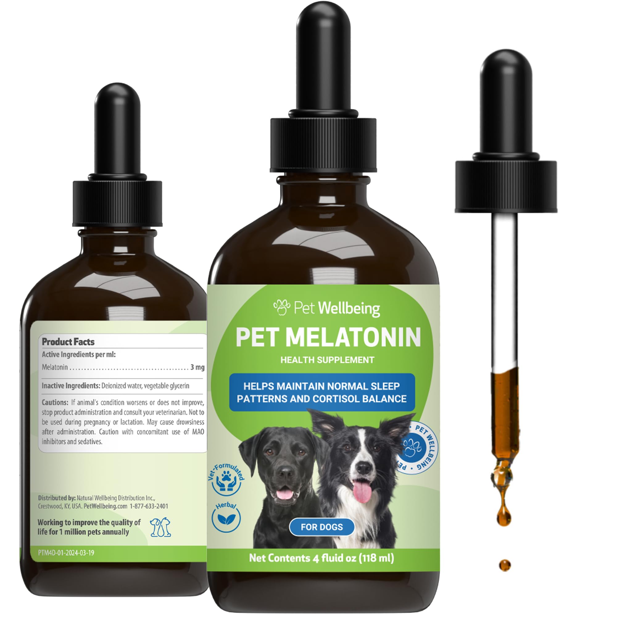 Pet Wellbeing pet-melatonin-dog-bottle image shows a calming bedtime routine with natural flavor.