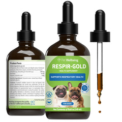 Pet Wellbeing Respir-Gold bottle label for lower respiratory support in dogs.