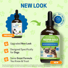 Pet Wellbeing Respir-Gold bottle pour demonstrates easy dosing for quick canine respiratory comfort.