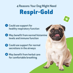 Pet Wellbeing Respir-Gold liquid dropper offers fast-absorption delivery for targeted lung support.