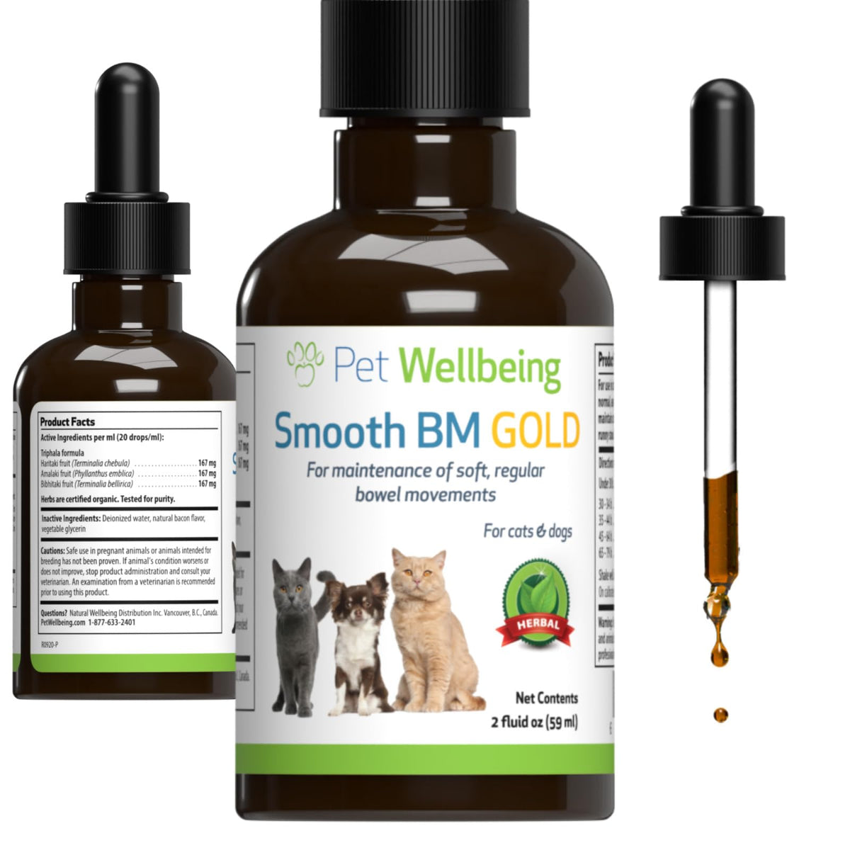 Pet Wellbeing Smooth BM Gold bottle pour showing gentle digestive support for dogs.