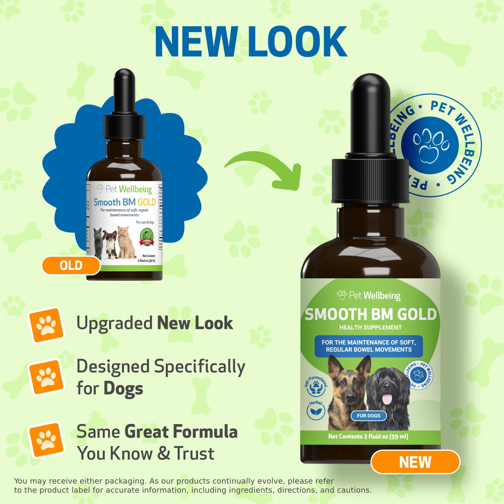 Pet Wellbeing Smooth BM Gold liquid formula highlighted for easy administration by busy dog owners.