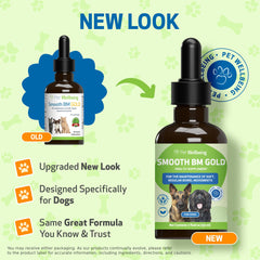 Pet Wellbeing Smooth BM Gold liquid formula highlighted for easy administration by busy dog owners.