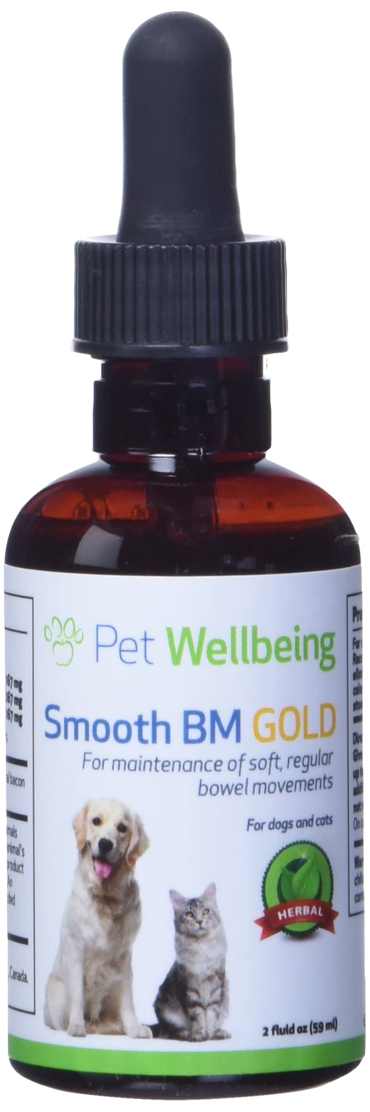 Pet Wellbeing Smooth BM Gold label close-up emphasizes vet-formulated, NASC-certified digestive support.