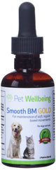 Pet Wellbeing Smooth BM Gold label close-up emphasizes vet-formulated, NASC-certified digestive support.