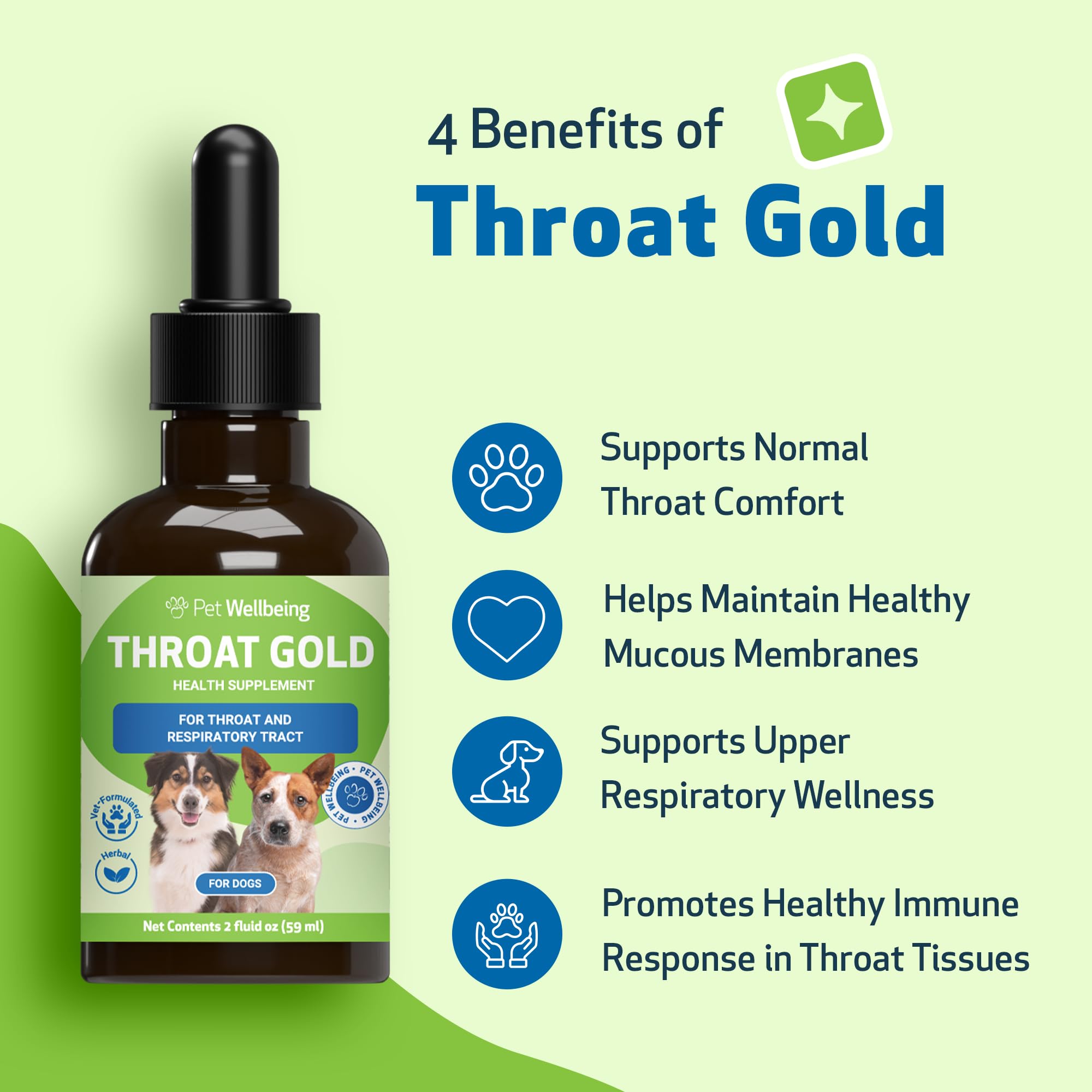 Pet Wellbeing Throat Gold cough relief graphic suggesting support for occasional dog coughs