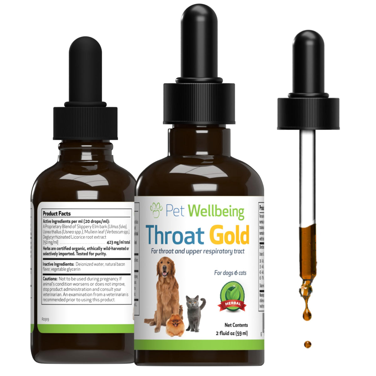 Pet Wellbeing Throat Gold dog bottle showing convenient throat support for dogs during coughing episodes